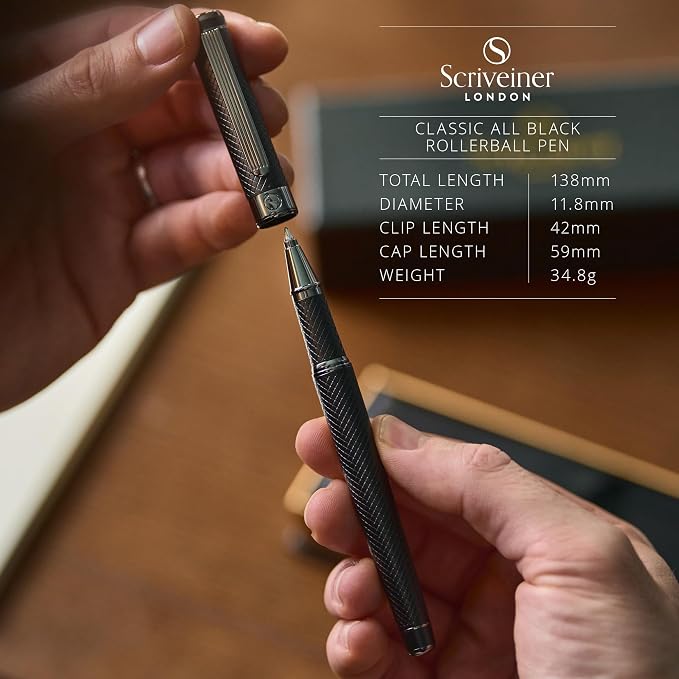 Scriveiner All Black Rollerball Pen - Stunning Luxury All Metal Matt Black Pen, Schmidt Ink Refill, Best Roller Ball Gift Set for Men & Women, Professional, Executive Office, Nice Pens