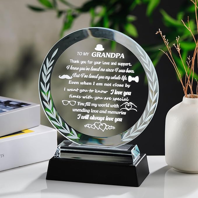 Arikyrist Fathers Day Birthday Gifts for Grandpa Glass Presents to My Grandpa with LED Light Base Best Grandpa Ever Gifts for Christmas