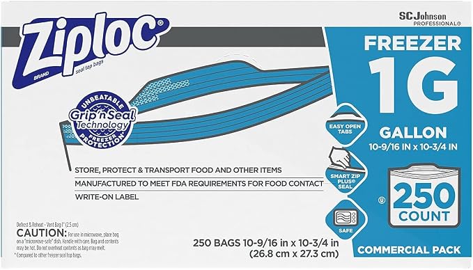 Ziploc 682258 Double-Zipper Freezer Bags, 1gal, 2.7mil, Clear w/Label Panel, 250/Carton