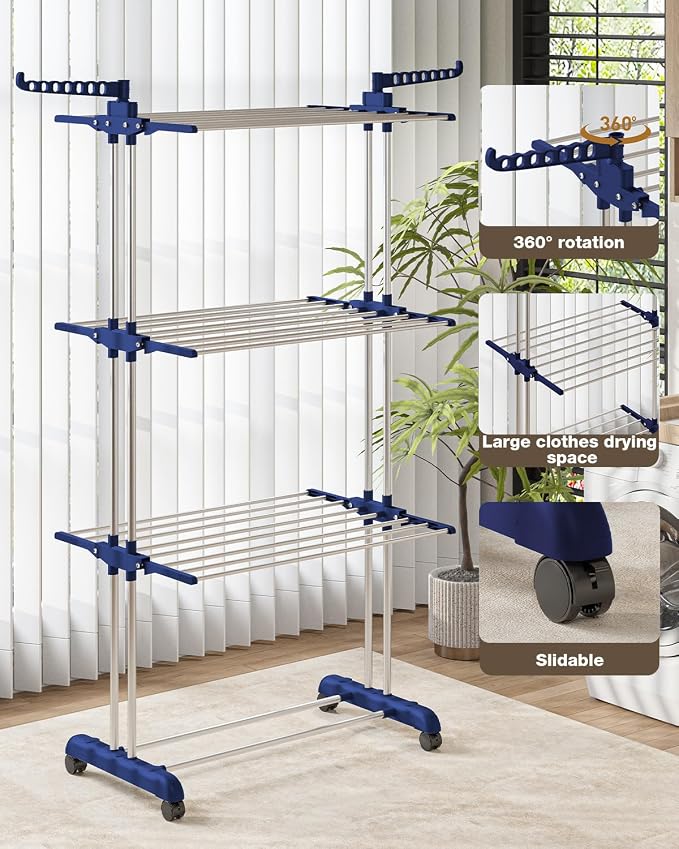 Bigzzia Clothes Drying Rack Folding with Wheels Drying Rack Clothing Clothes Horses Rack Stainless Steel Laundry Drying Rack with Two Side Wings 4 Tier Upgraded Grey Blue
