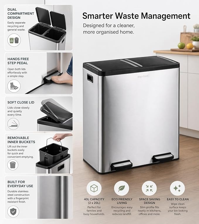 Step N' Sort The 18.5 Gallon Extra Large Capacity, Soft-Step, Dual Trash and Recycling Bin with Removable Inner Bins, Silver