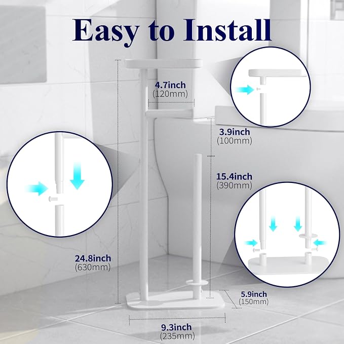 Kitsure Toilet Paper Holder Free Standing – Rustproof Metal Toilet Paper Stand for 4 Rolls with Anti-Slip Base and Shelf for Phone & Small Items, Bathroom Organizers and Storage, Medium, White