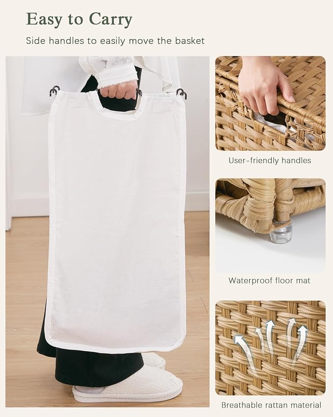 SETVSON Laundry Hamper with Lid Wicker Laundry Basket 112L, Natural | Large Family Clothes Sorter Trunk with Lid, 3 Compartment Washable Liners, 6 Mesh Bags, Collapsible Steel Frame