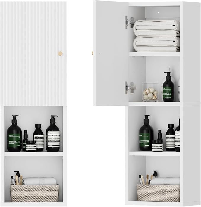 Qupui Fluted Bathroom Wall Cabinet, 31.5" Tall 4-Tier Narrow Medicine Cabinet Organizer with Adjustable Shelf & Doors, Wall Mounted Storage Cabinet for Bathroom, Laundry Room, Small Kitchen (White)