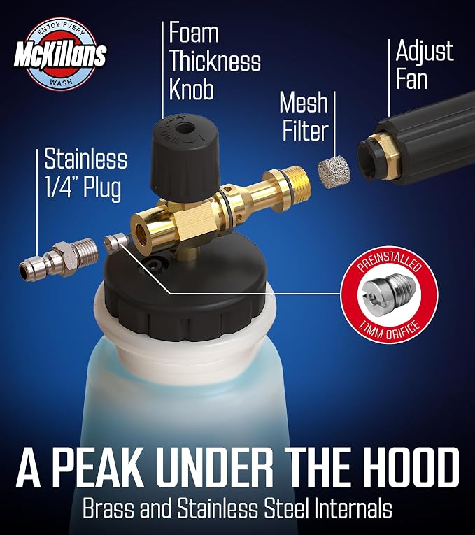 McKillans Pressure Washer Gun with Swivel & Foam Cannon Wide Mouth & M22-14mm Adapter - Adjustable Thick Foam - Power Washer Gun - 3/8" Male Plug & 1/4” Quick Connector Coupler