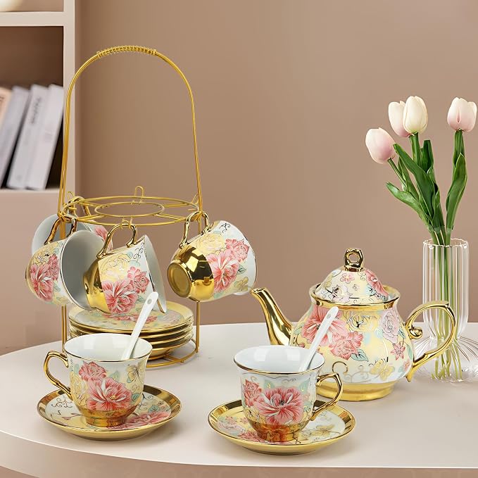 20 Pcs Porcelain Tea Set with Metal Holder and Spoon, European Ceramic Tea Set for Adults, European Flower Painting Teapot Cup Saucer Spoon Set for 6, Gift Pack (Pink and Gold)