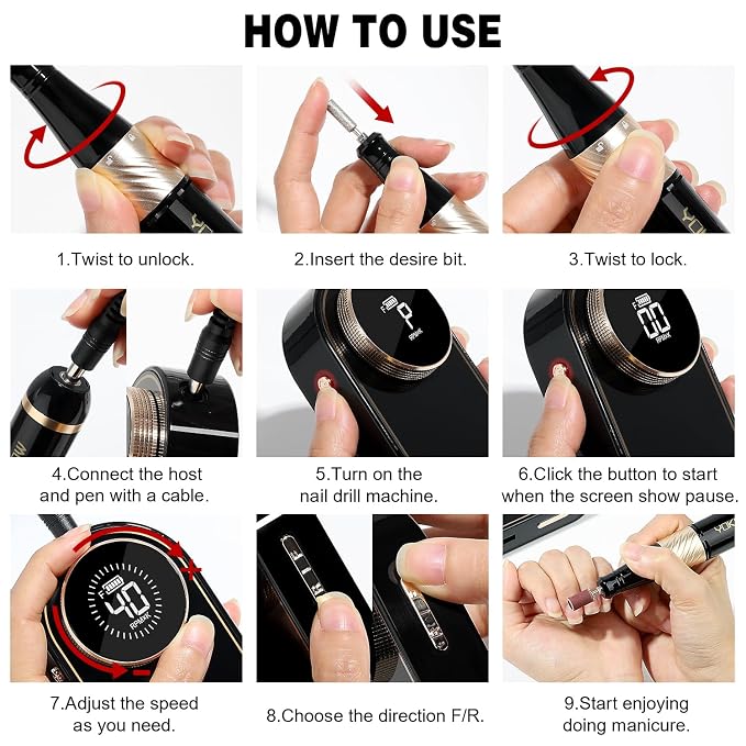 YOKE FELLOW Nail Drill Machine - 4000RPM Nail Drills for Acrylic Nails Professional with 12 Drill Bits for Electric Nail File Manicure Pedicure Home Use (White)