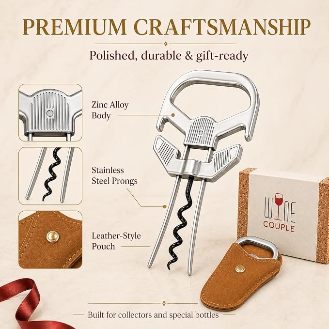 Ah So Wine Opener for Vintage Bottles, 2 in 1 Hybrid Cork Removal Device, Two-Prong Cork Remover for Older Fragile Corks, Classic Silver Tool for Wine Lovers & Collectors