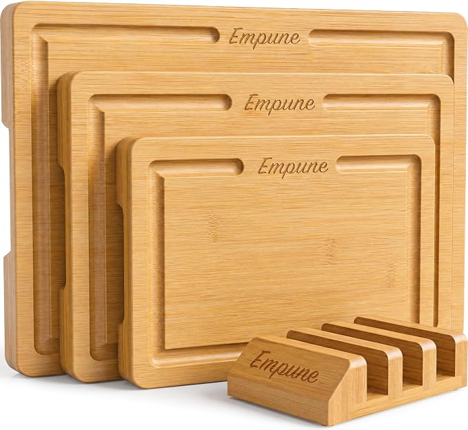 Bamboo Cutting Boards for Kitchen, 3 Piece Extra Thick Cutting Board Set with Juice Groove, Deep Carbonized Bamboo Chopping Board, Reversible Wood Cutting Board for Meat, Charcuterie & Serving