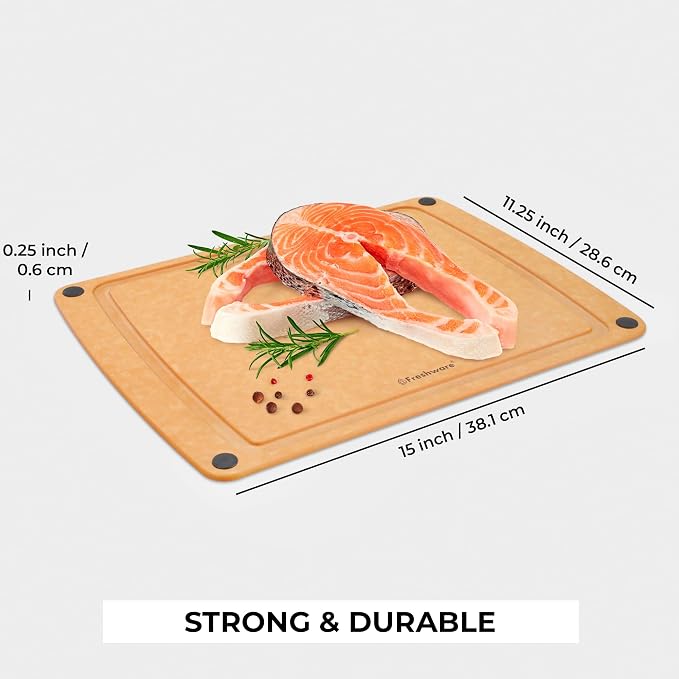 Freshware Wood Cutting Board for Kitchen, Juice Groove, Non-Slip Silicone Feet, Dishwasher Safe, Large, 15" x 11.25", Natural