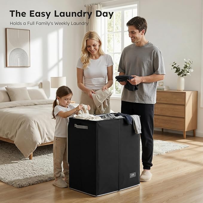 SOLEDI Double Laundry Hamper with Lid and Removable Laundry Bags,Divided Laundry Bin - Large Clothes Hamper 2 Section - Collapsible Laundry Baskets for Bedroom, Bathroom, Laundry Room,Black