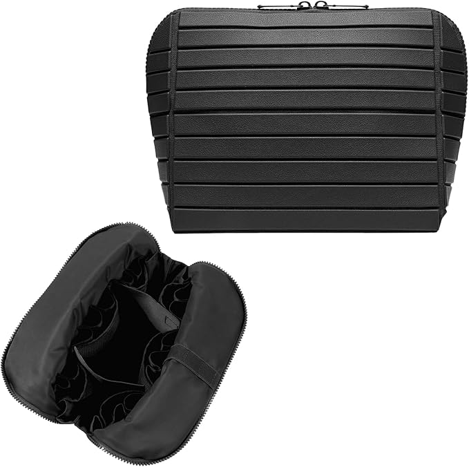 Travel Makeup Organizer Bag with Fold-Down Design and Adjustable Dividers, 27 Pockets & 3 Brush Storage Holders, Large Capacity Cosmetic Bags Toiletry Case- Black