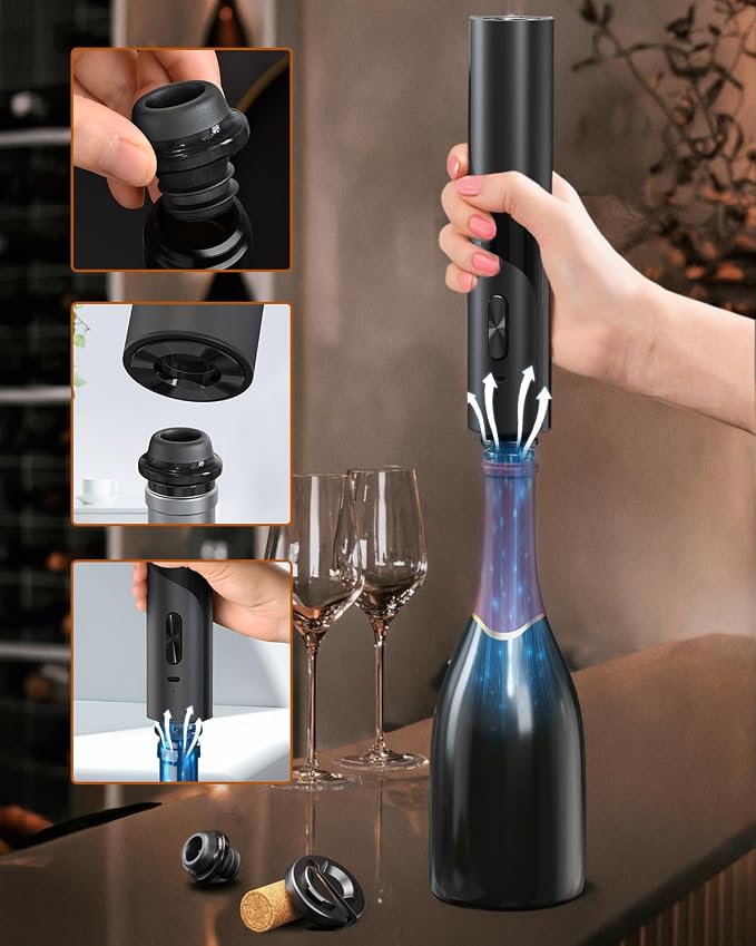 CIRCLE JOY Electric Wine Bottle Opener Set Rechargeable 6-in-1 Wine Set with Foil Cutter, Electric Wine Opener, Electric 2-in-1 Wine Aerator & Pourer, Electric Vacuum Pump and 2 Wine Stoppers, Black