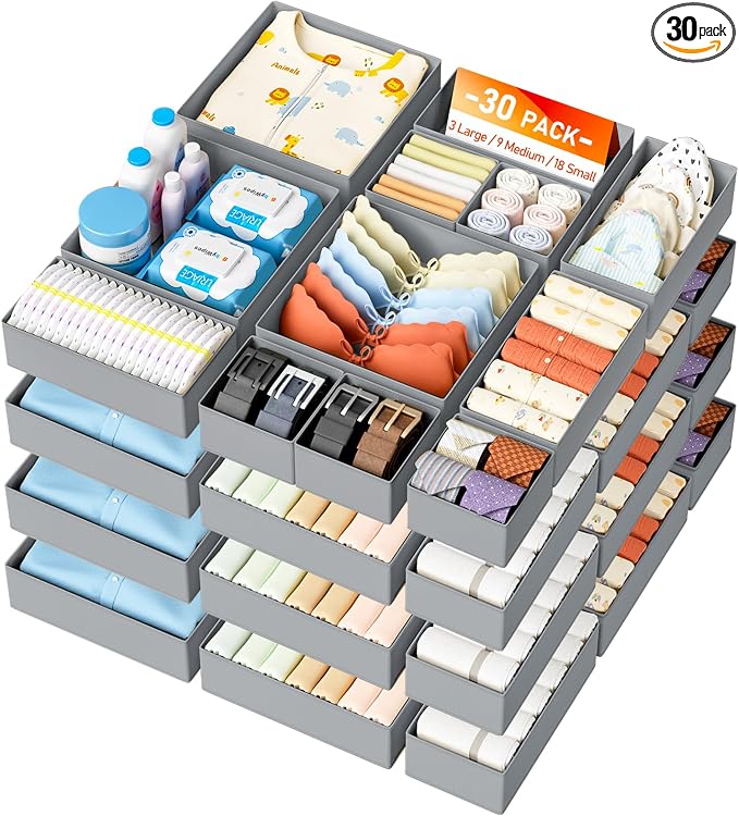 DIMJ Drawer Organizer Clothes 30 Pack - Foldable Baby Organizers and Storage & Closet Organizers for Bedroom, Closet - Nursery Organization Dresser Dividers for underwear, Sock,Bra, Belt, Tie, Gray