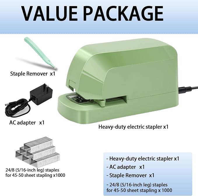 Electric Stapler for Desk, 45 Sheet Capacity Automatic Stapler Desktop, Office Staplers Electric, AC Operated Staplers Heavy Duty Office Use with 1,000 Staples & Staple Remover, Saga Green
