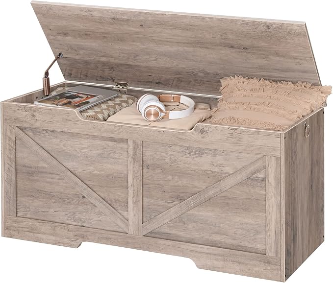 HOOBRO Storage Bench, 43.3” Retro Wooden Storage Chest with U-Shaped Cut-Out Pull, Safety Hinge, Supports 220 lb and Easy Assembly for Toy Box Organizer (Greige) BG772CW01