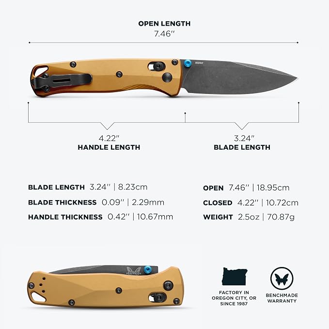 Benchmade Bugout EDC Knife, M390 Steel Blade (535BK-07) | Burnt Brass Aluminum handle, Drop-Point blade
