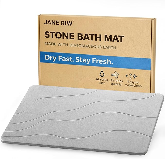 Stone Bath Mat, Quick-Dry Diatomaceous Earth Shower Mat, Absorbent Bathroom Mat for Shower/Tub Exit, New Apartment Essential & Housewarming Gift, 23.5" x 15.5" Light Gray Wave