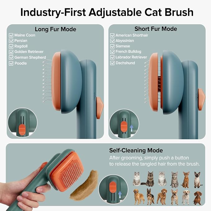 Cat Brush for Shedding, Industry-First Adjustable Cat Brushes for Indoor Cats, Self-Cleaning Slicker brush, 264 Skin-Friendly Needles for Long or Short Haired Dogs, Perfect for Deshedding (Green)