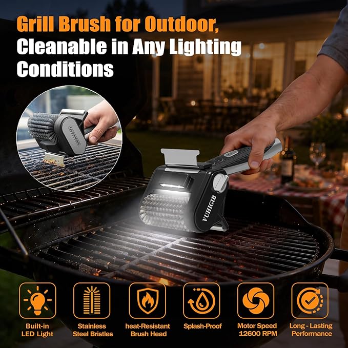 Electric Grill Brush, BBQ Grill Cleaner for Outdoor Grill with LED Light Removable 304 Stainless Steel Brush Head Cordless Grill Cleaning Brush 150 Mins Runtime No Bristle Shedding for Barbecue Grates