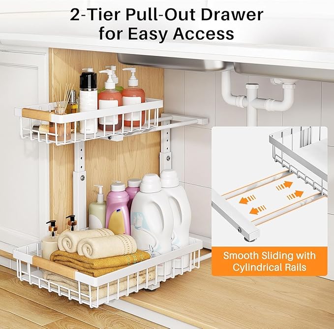 PXRACK Under Sink Organizer, Adjustable Height, 2 Tier Pull Out Under Cabinet Organizer, Slide Out Thickened Metal Under Sink Storage for Kitchen Bathroom Laundry Pantry Cabinet, White, Small-2-Pack