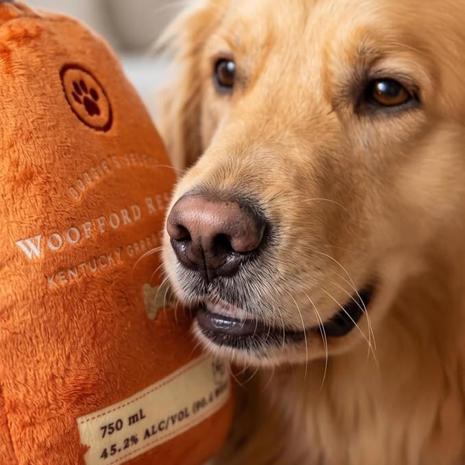 Haute Diggity Dog Woofford Reserve Bourbon Bottle Parody Plush Dog Toy for Medium & Large Dogs, Funny Drink-Inspired Stuffed Dog Toys with Interactive Squeaker, Machine-Washable, Durable & Safe