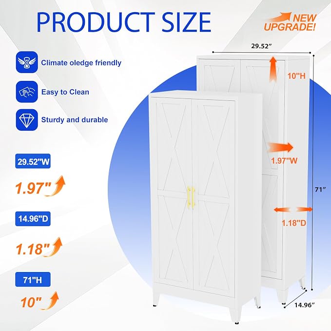 GAIOUS 71" Tall Kitchen Pantry Cabinet,Metal Storage Cabinet White Cupboard | Steel Office Cabinet, Freestanding Bookcase with 2 Doors and 4 Adjustable Shelves, Bathroom Kitchen Home Garage Tool Cabinet