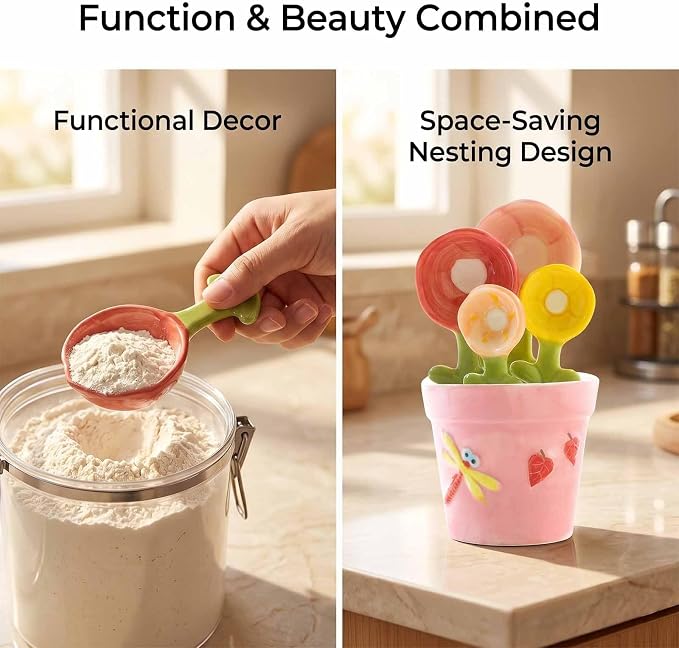 5pcs Ceramic Flower Pot Measuring Spoons and Cup Set, Cute Measuring Cups and Spoons Set for Milk Powder Sugar Salt Wet Dry Ingredients(Pink+blue2set)