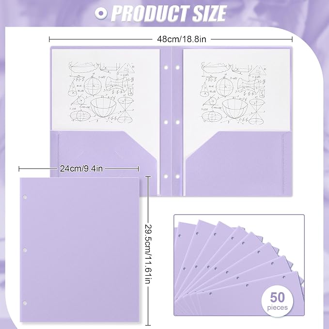Yeaqee 50 Pcs Plastic Folders with Pockets Bulk 3 Hole Punched 2 Pocket File Folders for 3 Ring Binder Divider Folder for Notebooks, Durable Poly for Office Home (Light Purple)