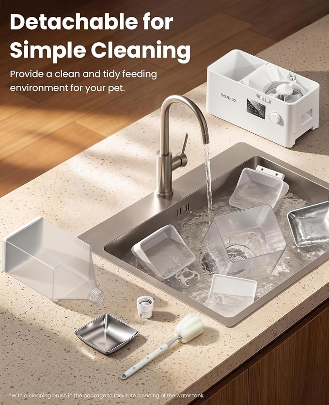 Automatic Cat Feeder & Water Dispenser,Button Customizable Feeding | 2 in 1 Feeding Drinking Water/5L Food Feeder,3.5L Water Fountain/Stainless Steel Bowls/Detachable Clean/White