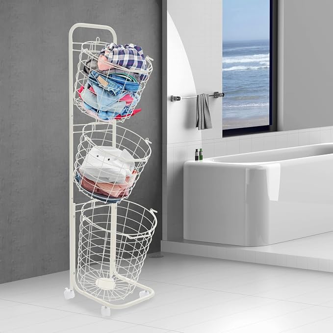 3 Tiered Storage Basket Laundry Basket with lockable Wheels,White | Ru-stpr-oof Metal Storage Cart,Easy Assembly, Load 33lb, Removable Wire Basket Organizer for Laundry Kitchen Market Bathroom
