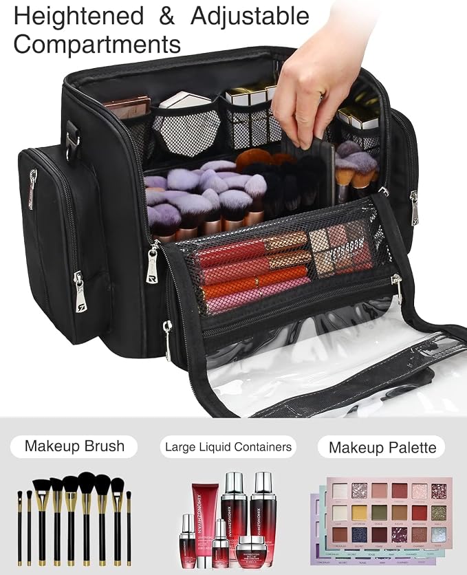NAONAYA Makeup Brush Bag Extra Large Makeup Brush Case with 4 small bags Professional Makeup Artist Brush Holder Stand Up Organizer for Travel with Adjustable Dividers and Shoulder Strap