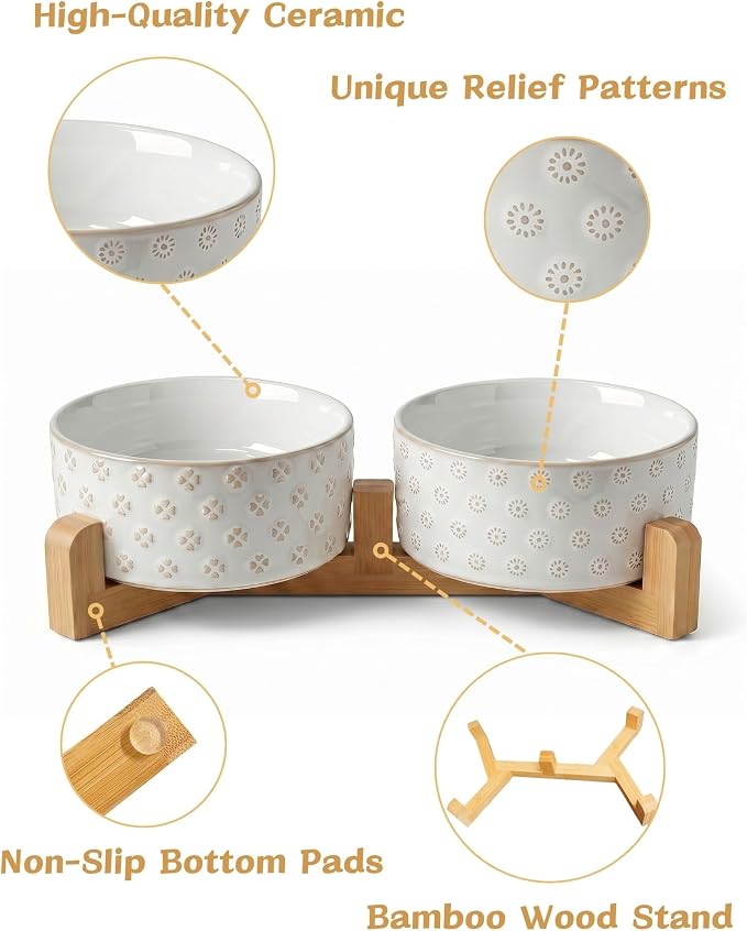 TRUVIC Ceramic Dog Bowl Set of 2 with Wood Stand, Jun Blanc Daisy & Clover Relief Dog Food and Water Bowl Set, 3.5 Cup/28 oz Puppy Food Bowls for Medium Dogs, Dishwasher Safe