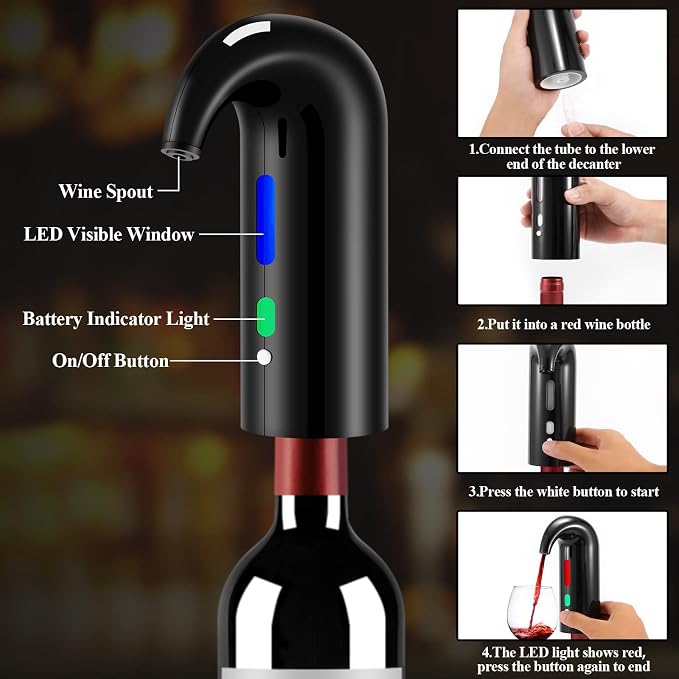 Wine Opener Valentines Day Gift Set with Electric Wine Bottle Opener, Wine Decanter&Wine Aerator and Pourer, wine stopper, Foil Cutter and EVA Storage Bag, Rechargeable and Automatic(Black)