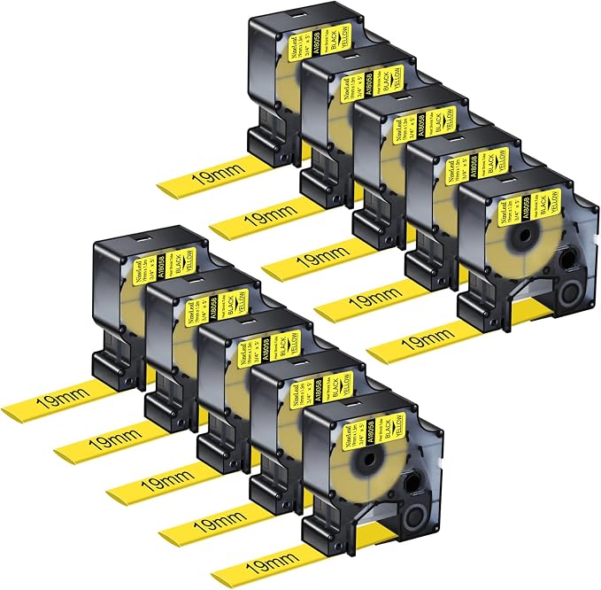 NineLeaf 10 Pack Compatible Labels Tape Replacement for Dymo 18058 3/4 inch Black on Yellow Heat Shrink Tube Labels 19mm x 1.5m for Wires and Cables Use in Rhino 4200 5200 5000 6000 3M Label Maker