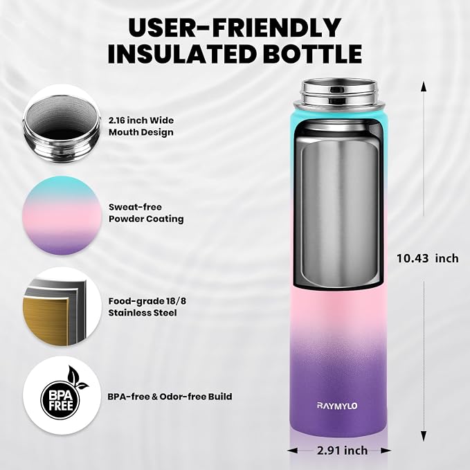 RAYMYLO Insulated Water Bottle 24 oz, Triple Wall Vacuum Stainless Steel (Cold for 24Hrs, Hot for 12Hrs), Leak Proof & Non-BPA, Modern Water Flask Jug with Paracord Handle & Straw Spout Lids