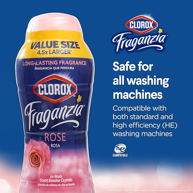 Clorox Fraganzia Laundry Scent Booster Crystals, In-Wash Fragrance Beads, Fresh-Smelling Clothes Linens, Safe All Fabrics Colors, Easy-Pour Bottle, Rose Scent, 70 Oz, 2 Pack