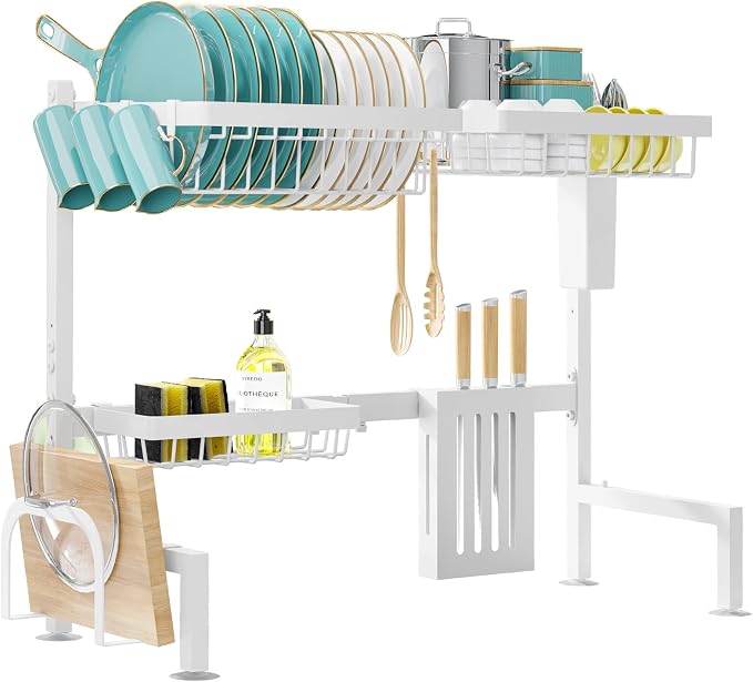 Sakugi Over The Sink Dish Drying Rack - Adjustable 2 Tier Large Capacity Stainless Steel Drainer with Cutlery & Utensil Holders, Kitchen Storage & Organization, 30"-33.9" L x 11" W x 21.5" H, White