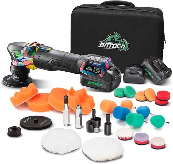 BATOCA S4 Cordless Multi-Polisher-Set, with 2Pcs 12V 2.5Ah Batteries, RO&DA Car Buffer Polisher, 1&3inch Mini Brushless Polisher for Car Detailing, Graffiti Style