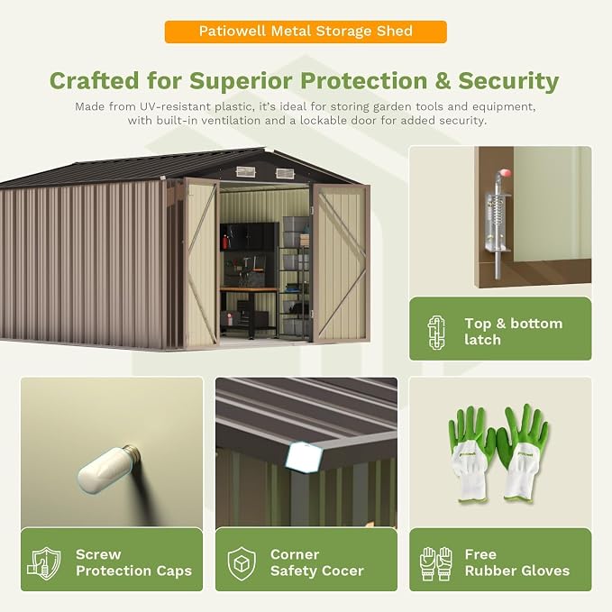 Patiowell 10x12 FT Storage Shed, Outdoor Metal Sheds, Brown | with Lockable Door & Sloping Roof, Waterproof Outside Large Garden Tool Shed with Breathable Vents for Patio Lawn Backyard