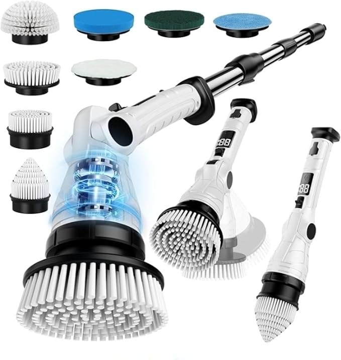 Electric Spin Scrubber, 3-Speed Adjustable Head Shower Bathroom Scrubber | 8 Replaceable Heads, 54" Extendable Long Handle, IPX6 Waterproof, Shower Cleaner Brush, Cordless for Tub Grout Tile Floor Car