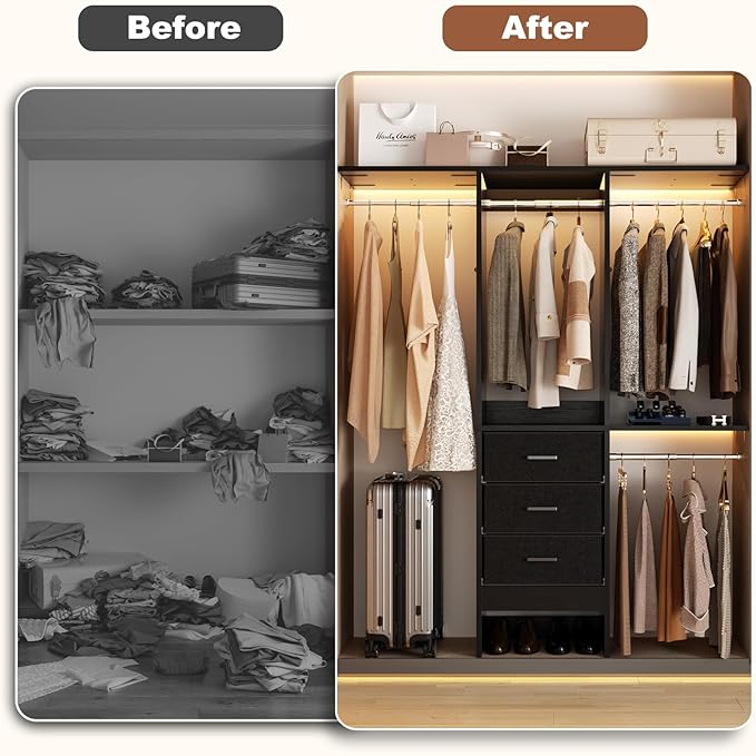 Besiost 4FT Small Closet System with 3 Fabric Drawers, 48'' Closet Organizer System With 3 Adjustable Shelves, Flexible Built-In Clothes Garment Rack for Small Space, 48" L x 13" W x 71" H, Black