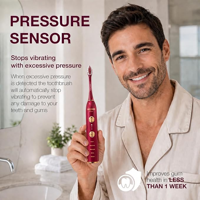 Wagner Stern WHITEN+ Electric Toothbrush, 48,000 VPM, Pressure Sensor, 5 Modes, 8 Brush Heads, Travel Case