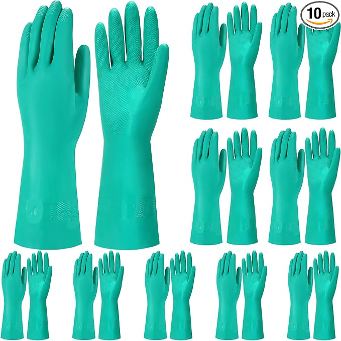 Potchen 10 Pairs Chemical Resistant Gloves Heavy Duty 15 Mil Nitrile Gloves Bulk for Cleaning, Resist Household Acid, Alkali and Oil (Medium)