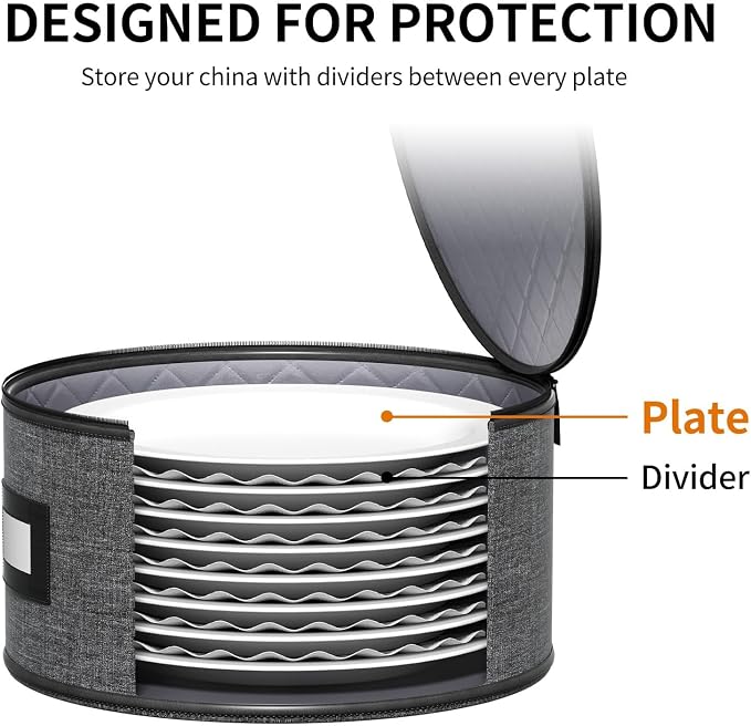 Aokeyee 4-Piece Plate Storage Set, Hard-Shell Dinnerware Organizer, Grey | With 48 Soft Felt Dividers for Saucer, Dessert, Salad and Dinner Plates, Dual Zippers, Handles, Stackable, Moving & Storage