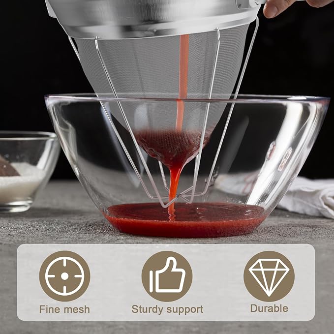 10 Inch Chinois Strainer,18/8 Stainless Steel Conical Fine Mesh Bouillon Sieve, Heavy Duty China Cap Strainers with Stand for Sauces Soups Broth Purees Jam