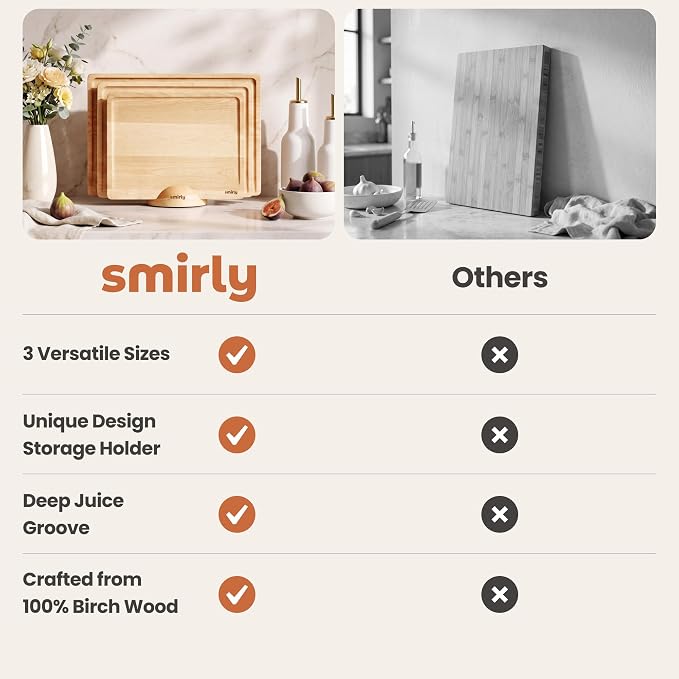 SMIRLY Cutting Boards for Kitchen, 3 Piece Birch Cutting Board with Stand | Non Toxic Wooden Cutting Board with Juice Grooves and Handles, Multiple Sizes Chopping Boards for Meat Vegetable Charcuterie
