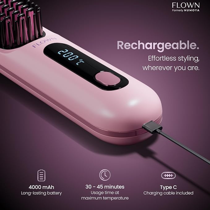 FLOWN® Original Go Brush PRO [Five Minutes Hair Styling Routine] - No Damage Heat Brush with USB-C Charger - Electric Travel Pocket Brush for All Hair Types - Pink (Formerly Numoya)