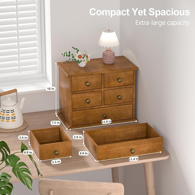 Oak Desk Organizer with Drawers, Durable Wooden Desktop Storage Box with Metal Handles & Non-Slip Silicone Pads, 5 Drawer Tabletop Organizer for Office, Bedroom, Bathroom, Vanity, and Makeup – Walnut