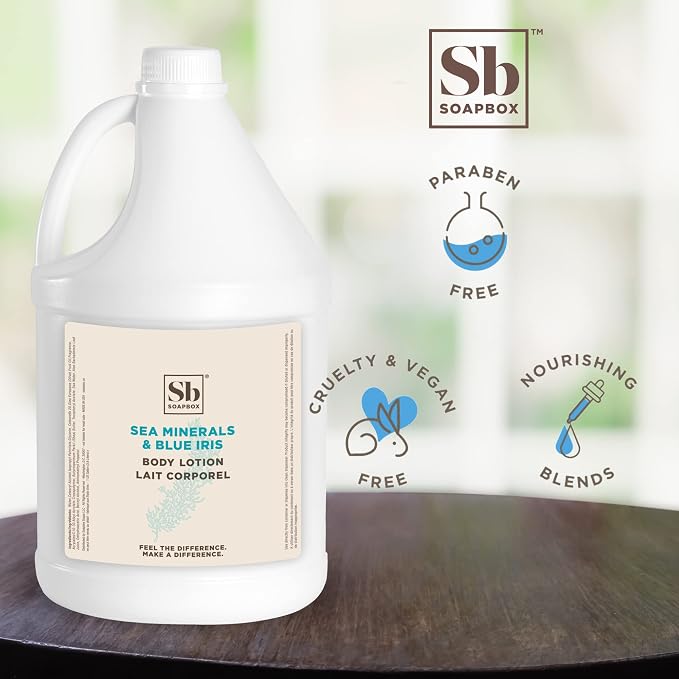 Soapbox Sea Minerals & Blue Iris Body Lotion, Refill Bulk Size For Rentals, Guest Rooms & Hotels - Clean Ingredients Free of Harsh Chemicals, Sulfates, Parabens & Silicones - 1 Gallon Bottle